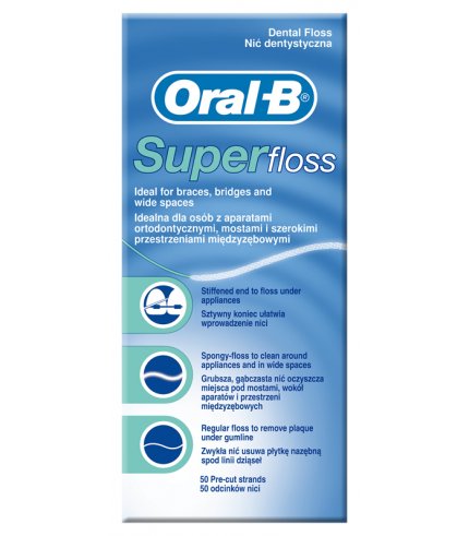 FILO INTERDENTALE ORAL B SUPERFLOSS ESTREMITA' RIGIDA + FILOSPUGNOSO + FILO STANDARD 50 PEZZI PRETAGLIATI