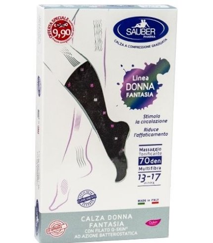 SAUBER CALZA DONNA FANTASIA FILATO Q-SKIN 70 DEN NERO POIS BIANCO ROSA CICLAMINO TAGLIA P PROMO