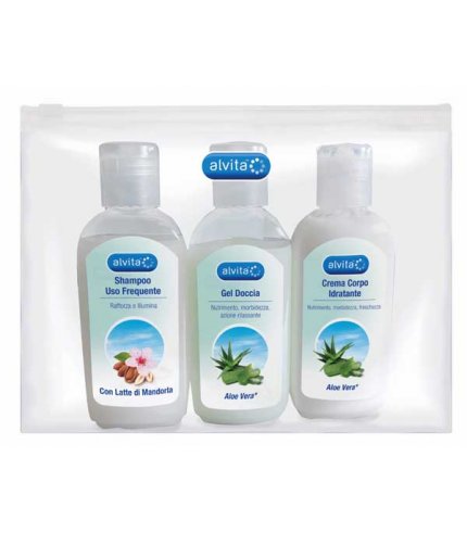 ALVITA KIT VIAGGIO BODY CARE 1 GEL DOCCIA ALOE VERA 75 ML +1 CREMA CORPO IDRATANTE ALOE 75 ML + 1 SHAMPOO USO FREQUENTE75 ML