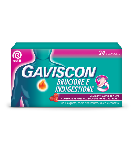 GAVISCON BRUCIORE E INDIGESTIONE*24 cpr masticabili 250 mg +106,5 mg + 187,5 mg gusto frutti rossi