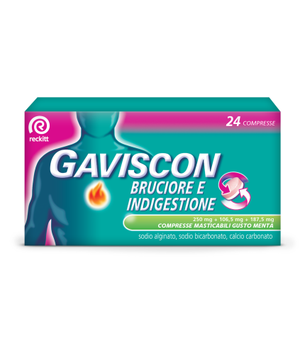 GAVISCON BRUCIORE E INDIGESTIONE*24 cpr mast 187,5 mg + 106,5 mg + 250 mg gusto menta